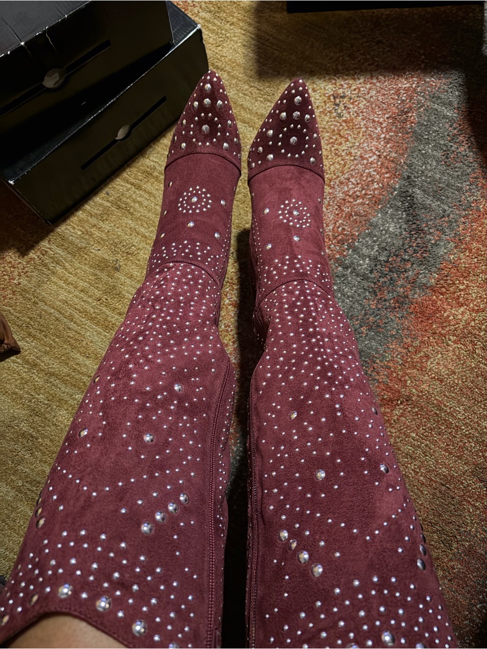 Burgundy Suede Knee-High Boots with Crystal Studs